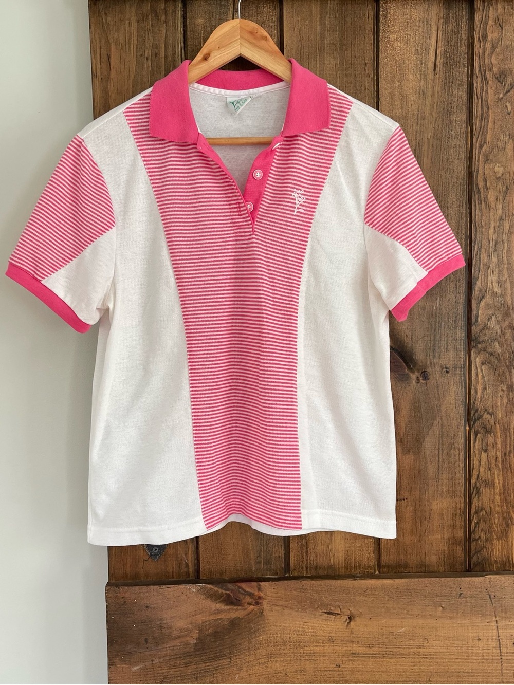 Vintage 80's Lily's of Beverly Hills Pink White Striped Color Block Polo Shirt